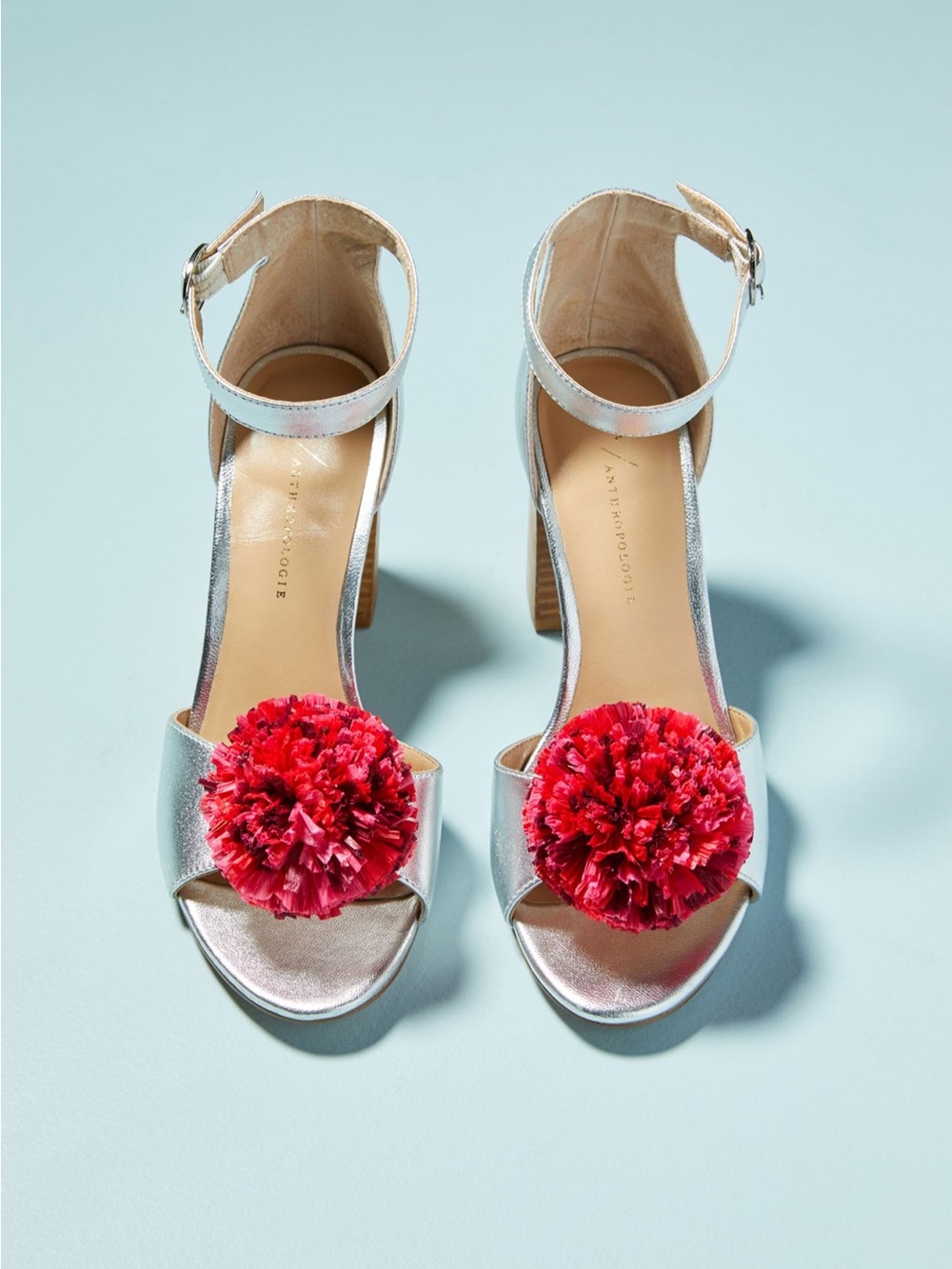 Anthropologie Raffia Pom Silver Heels